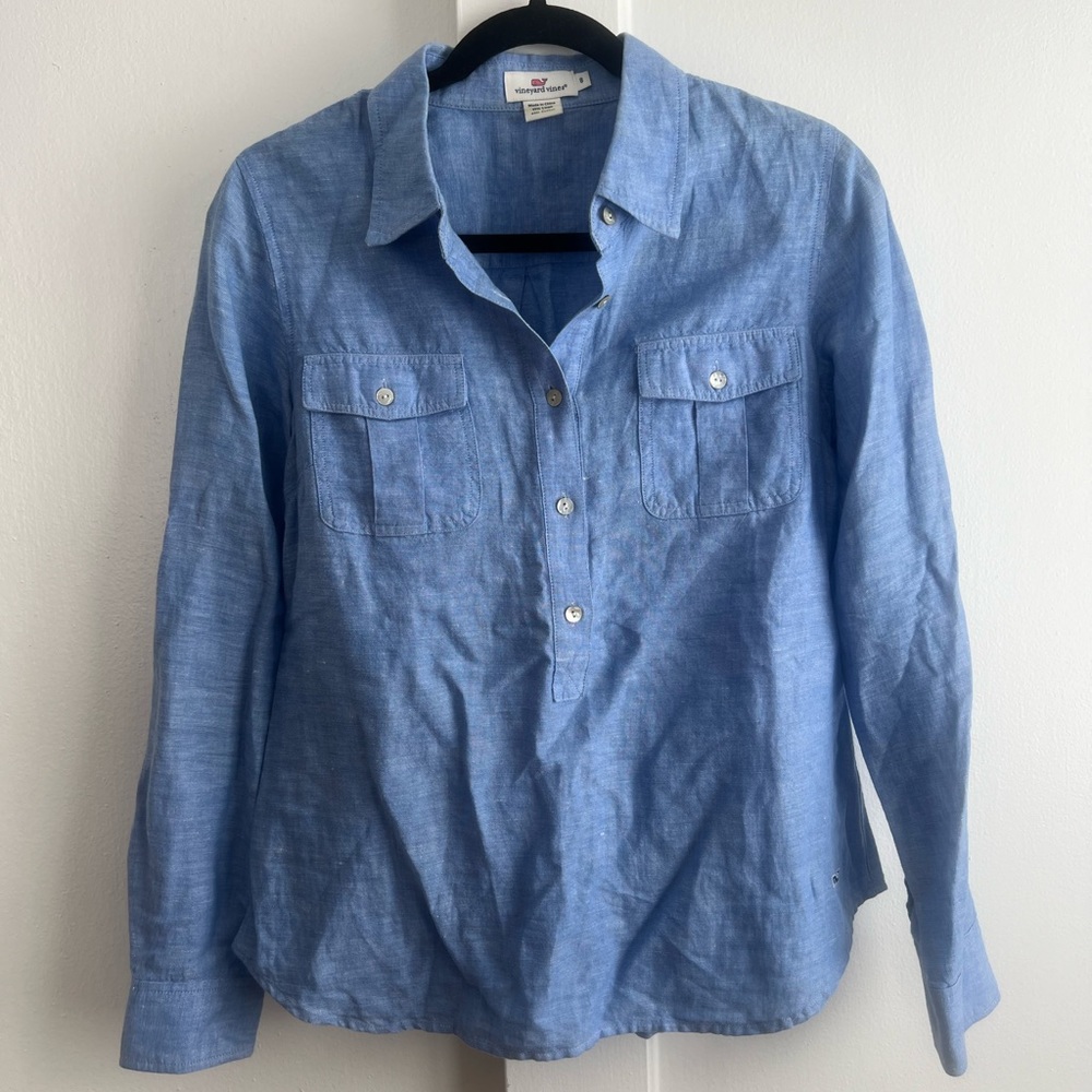 Vineyard Vines Ladies Blue Half Button Down Long Sleeve Oxford
